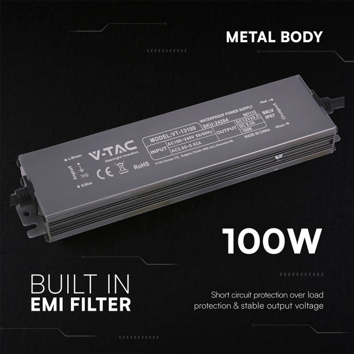LED Захранване 100W 12VDC_8.3A IP67